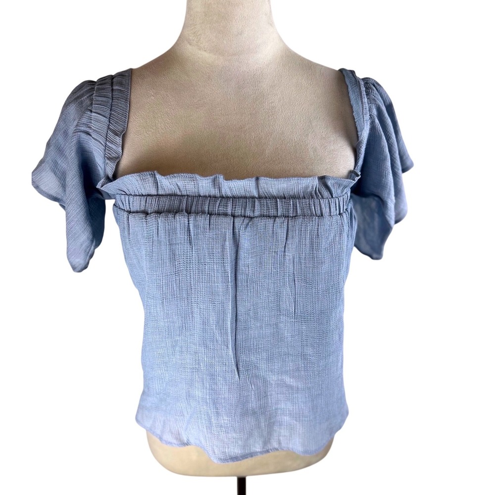 Bluivy Smocked Ruffle Square Neck Top Chambray‎ Blue Womens Small